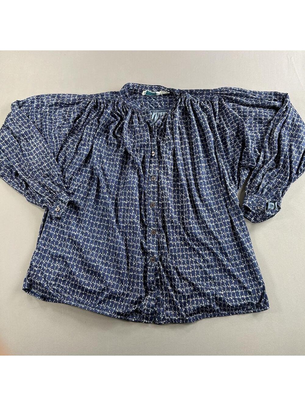 Vintage 70s Huk A Poo Button Up Abstract Disco  Floral Blue Nylon Shirt Medium